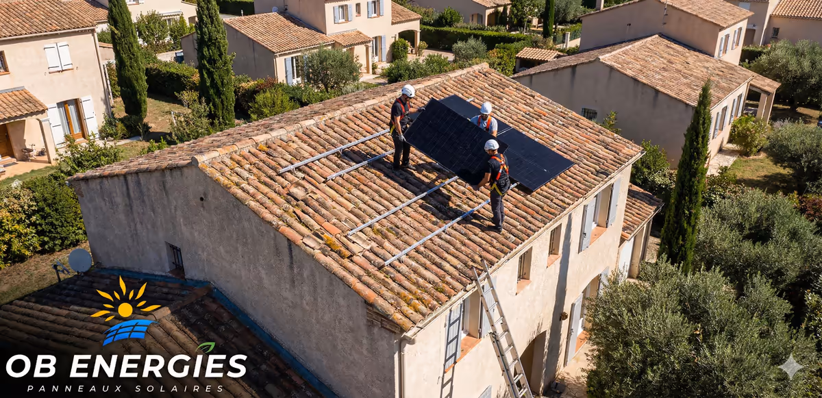 Techniciens OB Energies installant des panneaux solaires près de Manosque